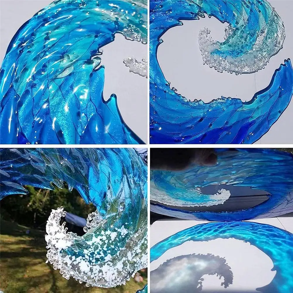 Vandenyno Bangos Lydyto Stiklo Skulptūra Gradientas Mėlyna Banga Skulptūra Ornamentu Dekoro Bangos Formos Dervos Meno Amatų Namų Dekoro Nuotrauka 1