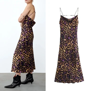 Za moterų mados šilko satino tekstūros leopardas spausdinti midi suknelė 2021 retro seksualus suspender suknelė rudenį šalies moterų atsitiktinis Vestidos