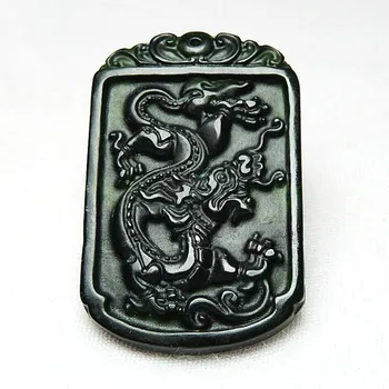 Natūralus Juodas Green Jade Dragon Pakabukas Karoliai Obsidianas Kinijos Ranka Raižyti Mados Žavesio Papuošalai Amuletas Vyrai Moterys Pasisekė Dovanos