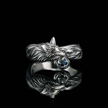 Vintage Blue Crystal Apdailos Fox Gyvūnų Žiedas Sidabro Spalvos Moterų Punk rodomojo Piršto Žiedą, Kūrybingi Papuošalai
