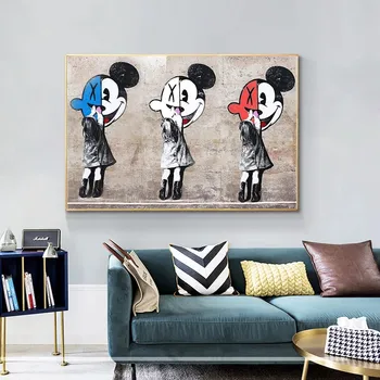 Gatvės Menas, grafiti, Disney Mergina Patraukė Mickey Drobės Tapybos Plakatai ir Spausdina Sienos Meno Nuotrauką Kambarį Namų Dekoro