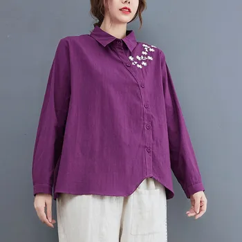 Negabaritinių Moterų Medvilnės Skalbiniai Atsitiktinis Marškinėliai Naujas 2021 M. Rudenį Vintage Stiliaus Gėlių Siuvinėjimas Prarasti Moterų Ilgomis Rankovėmis Viršūnes B1077