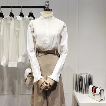 Ruffles Moterų Balti Marškiniai Pavasarį Naują 2021 Slim Ilgomis Rankovėmis Office Lady Elegantiškas Outwear Viršūnės