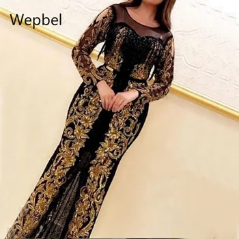 WEPBEL Elegantiškas Bodycon Suknelės Moterims Maxi Suknelė Gold Įdegio Juoda O-kaklo Aukštos Juosmens ilgomis Rankovėmis Blizgučiais Plečiama Suknelė