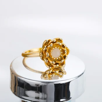 Vintage Gold Lotoso Gėlė, Žiedas, Skirtas Moterims, Vyrams, Aukso Skiedra Spalva Nerūdijančio Plieno Mėnulio Akmuo Bud Opalas Žiedai, Vestuvių Žiedas Papuošalai