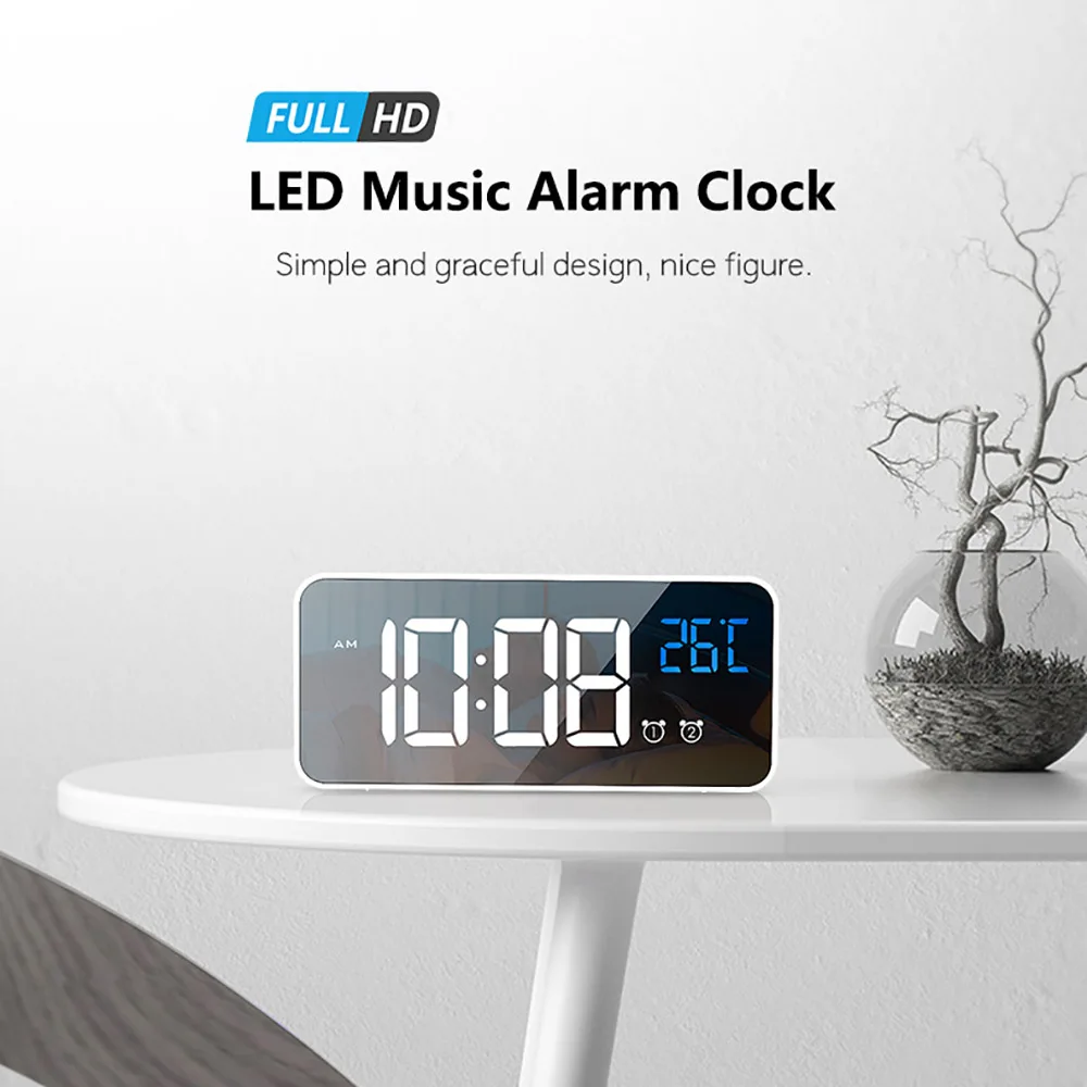 LED Veidrodis, Žadintuvas, Garso-Įjungta Laikrodis Įkrovimo Naktiniai Muzika Laikrodis Kelis pažadinimo muzika Nuotrauka 5