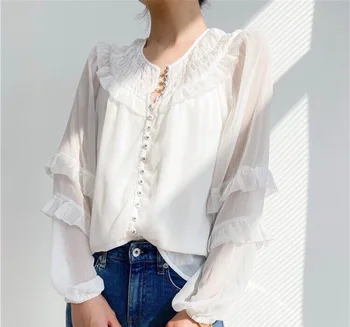 Balta Juoda Vieną Krūtinėmis Marškiniai moteriškos Ruffles Žibintų Rankovės O-kaklo Moteriška Palaidinė Pavasario Vasaros 2021