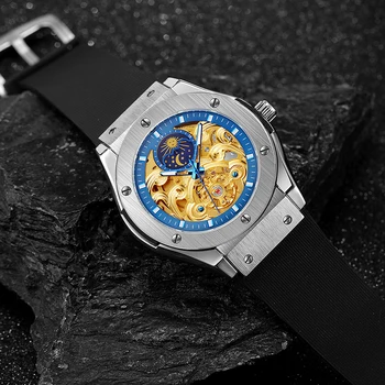 FORSININ Visiškai automatinis Tuščiaviduriai-išraižytas Silikoninis Dirželis Žmogaus Laikrodis Verslo Automatinis Mechaninis laikrodis Vyrams, Mėnulio Fazė