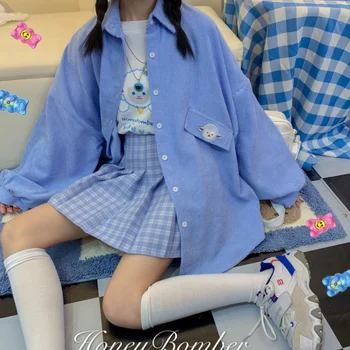 Deeptown Japonija Stiliaus Kawaii Velvetas Marškinėliai Mėlynos Spalvos Siuvinėjimo Mygtuką Aukštyn Moterų Palaidinė Ilgomis Rankovėmis Mielas Viršūnes Minkštas Mergina Mokykloje Drabužiai