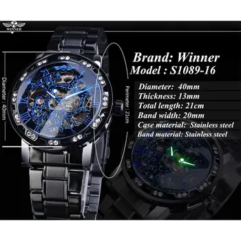 Nugalėtojas Mėlyna Skeletas Skaidrus Dial Diamond Mechaninis Laikrodis Juodos Spalvos Nerūdijančio Plieno Juosta Vyrų Laikrodis Šviesos Ranka Laikrodis