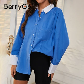 BerryGo negabaritinių palaidinė moterims Rudens ir žiemos spalvos siūlėmis priežastinis marškinėliai moteriška ilgomis rankovėmis atvartas vieną krūtinėmis medvilnės marškinėliai