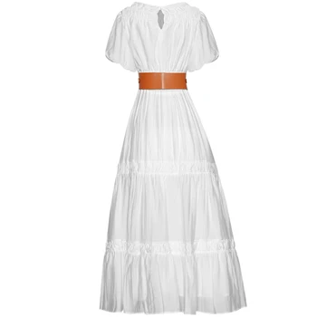 Mados Dizaineris Vasaros Suknelė Moterims kilimo ir tūpimo Tako Naujas Baltos spalvos Sluoksniuotos Rankovėmis su Diržu, Elegantiškas Plisuotos Visą Suknelės