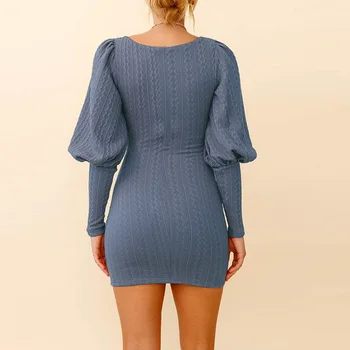 Mados seksualus slim fit rudenį megztos suknelės 2021 naujas kieto Žibintų rankovėmis Plius dydis moterų maišelį klubo dugno mini megztinis suknelė