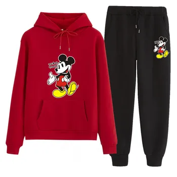 Disney Mickey Mouse Sportinę animacinių filmų Mados vyrus ir moteris, 2-piece Spausdinti Hoodie + Kelnės Sportinės aprangos Kostiumas vyrų ir Moterų Drabužiai