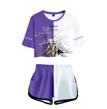 Klasikinis Purpleand Balta Genshin Poveikio 3D Spausdinimo Rasos bamba Sporto kostiumai Jaunatviškas Dviejų dalių Rinkinys Moterims Sexy Šortai+gražių T-shirt