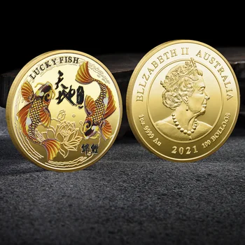 NAUJA Sėkmės Jums Kinų Fu Koi Progines monetas, Spalva Elizabeth II, Aukso ir Sidabro Monetos Iškilumo Metalinės Amatų Ženklelis Dovana